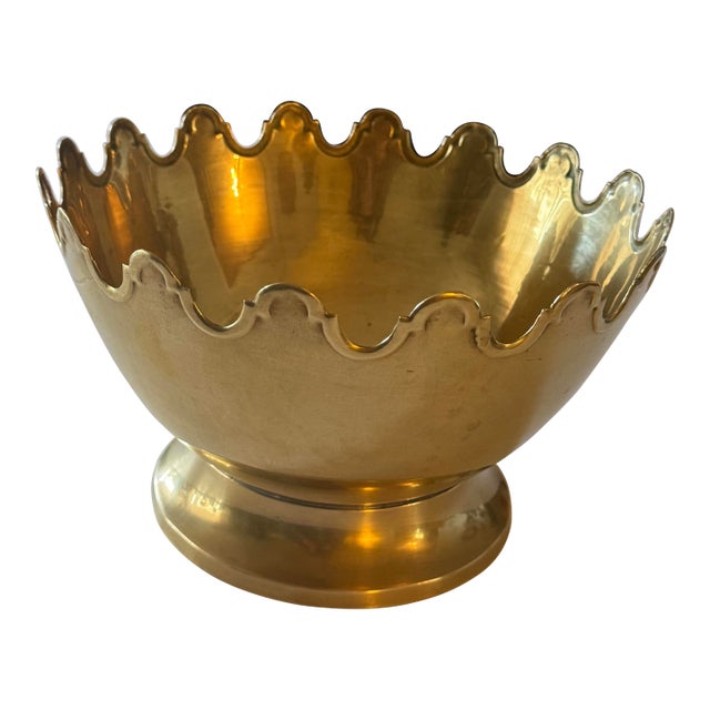 Mid 20th Century Solid Brass Pedestal Bowl With Scalloped Crown Rim For Sale