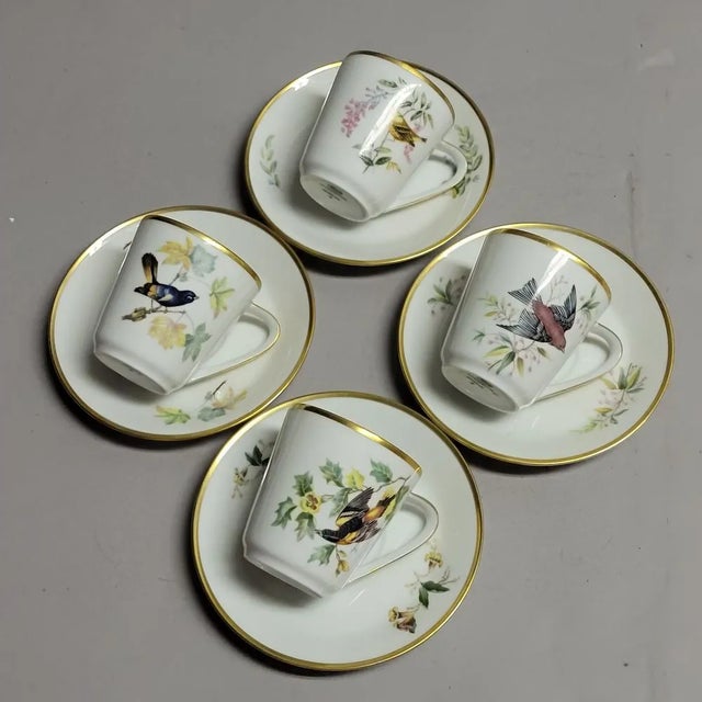 Set of 4 porcelain cups and saucers by Hutschen Reuther of Germany. Set features 4 different birds. Cup measures 3" high x...