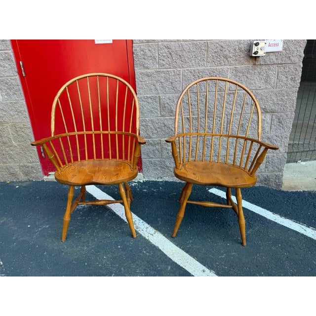 Farmhouse Late 20th Century Bent Brothers Colonial Style Bow Back Windsor Oak Wood Dining Chairs For Sale - Image 3 of 16