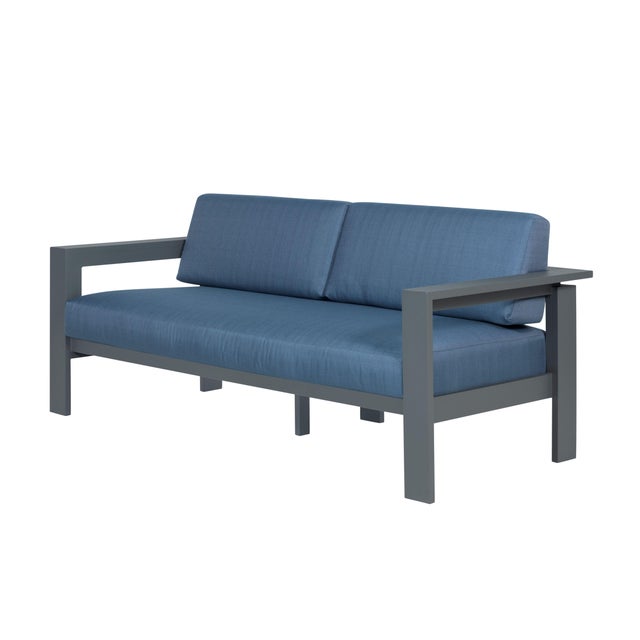 Blue Sardinia Aluminum Frame Outdoor 74" Love Seat / Sofa - Blue Cushions For Sale - Image 8 of 14