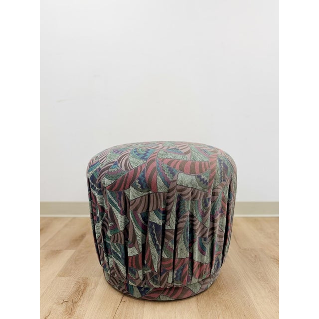 Vintage Postmodern Purple Green Ottoman Leaf Pattern Retro Accent Pouf For Sale - Image 4 of 9