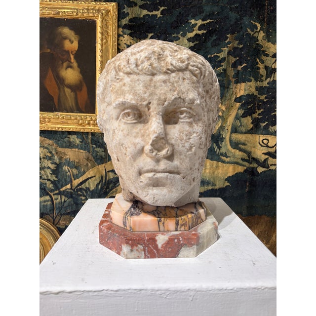 Gray Antique Carved Stone Head of a Roman Youth, Grand Tour Style Sculptural Fragment on Marble Plinth, 19th Century For Sale - Image 8 of 10