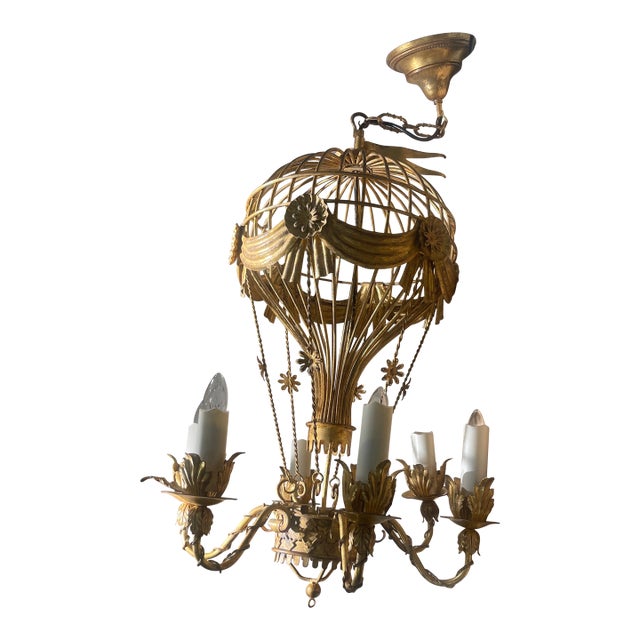 Extremely Rare Italian Gilt Iron Hot Air Balloon Chandelier, Sculptural Statement Lighting, Mid-20th Century For Sale