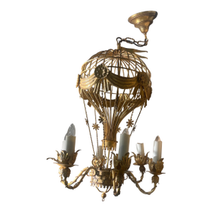 Rare Italian Gilt Iron Hot Air Balloon Chandelier – Sculptural Mid-Century Statement Lighting