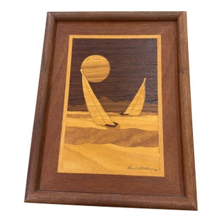 1980s Hudson River Inlay Marquetry Art 15.25" X 12" Sailboat - Signed Jeff Nelson For Sale