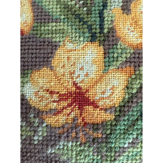 English Vintage Hand-Stitched Floral Needlepoint Pillow With Golden Velvet Back For Sale - Image 3 of 6