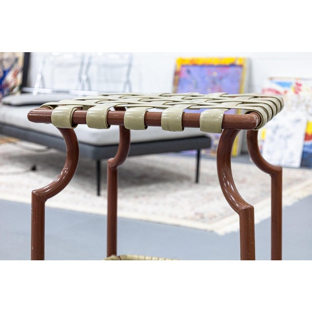Modern Set of 4 Vintage Tropitone Brown and Beige Woven Vinyl Seat Outdoor Patio Stools For Sale - Image 3 of 8