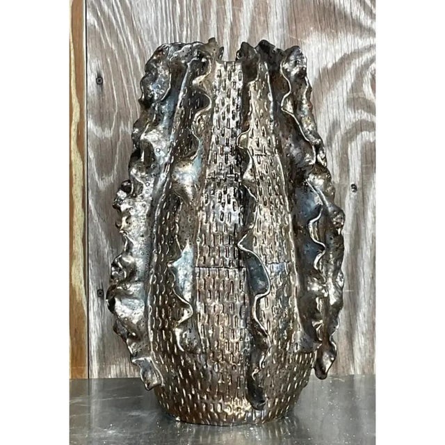 Vintage Silver Ruffle Studio Pottery Vase For Sale - Image 11 of 13