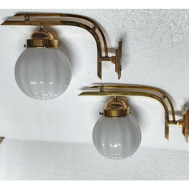 1940s 1940s Pair Vintage Art Deco Light Old Lamp Wall Sconces Fixture Brass & Ribbed Milk Glass Shade Ship Light For Sale - Image 5 of 5