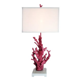 Pink Coral Resin Lamp With White Shade and Coral Finial For Sale