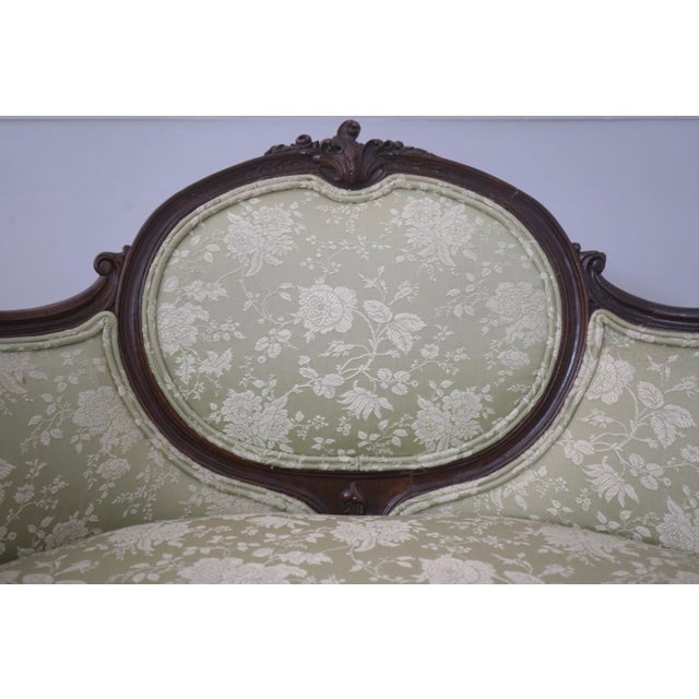 Vintage Walnut Rococo Parlor Settee W. Damask Upholstery For Sale - Image 14 of 18