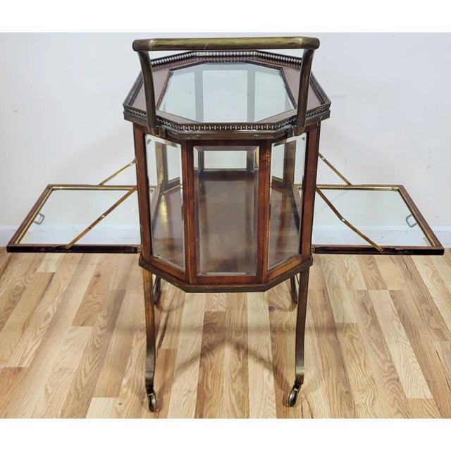 Brown Vintage French Mid-Century Modern Liquor Server Bar Cart Cabinet on Wheels For Sale - Image 8 of 15
