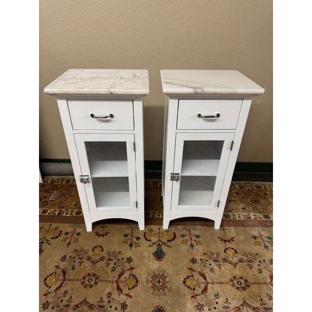 Contemporary Elegant Furniture Madison Avenue Marble Top Glass Door Cabinets, Pair For Sale - Image 3 of 15