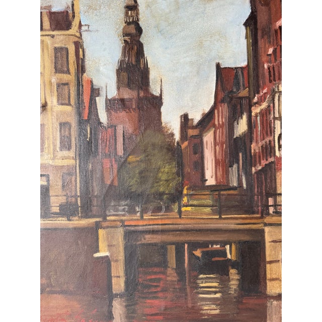Brown 1960's Vintage Amsterdam Cityscape Oil Painting, Signed For Sale - Image 8 of 12