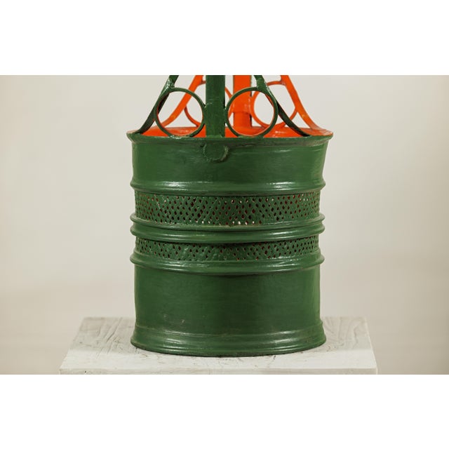 Green Antique Lacquered Metal Basket with Openwork Design in Green and Orange Finish For Sale - Image 8 of 18