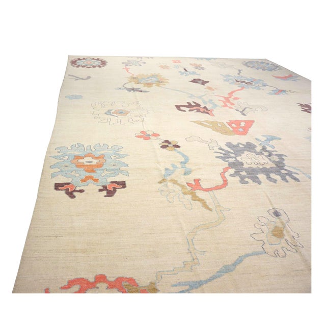 21st Century Turkish Oushak Wool 12x16 Ivory, Orange & Slate Blue Handmade Area Rug #1144180 For Sale - Image 9 of 14