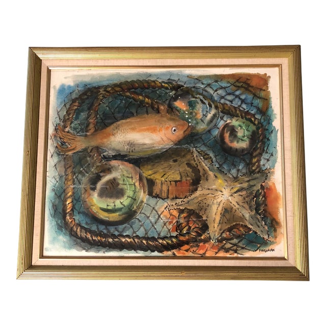 Original Modernist Nautical /Fish Watercolor Painting For Sale