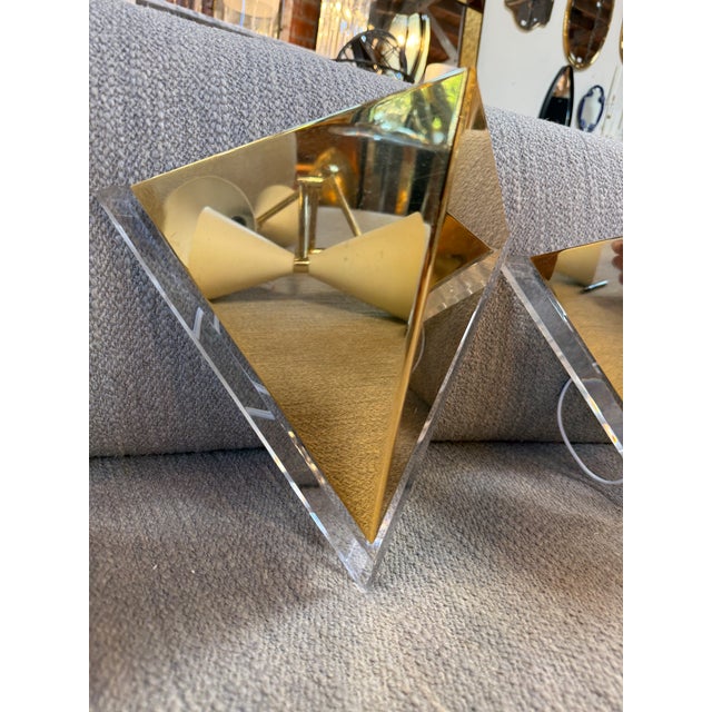 1970s Pair of Mid-Century Acrylic and Brass Geometric Sconces, 1970s For Sale - Image 5 of 7