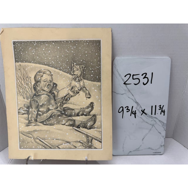 1940s Original Signed Graphite Illustration of Child and Terrier in Snowstorm, 11.75 I × 9.75 In. For Sale In Atlanta - Image 6 of 6