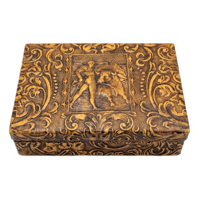 ​vintage Spanish Tooled Leather Cigar Box with Bullfighting Scene, 1960s For Sale