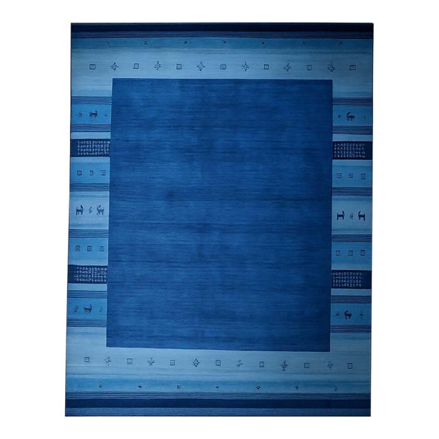8x10 Handloomed Blue Gabbeh Tribal Geometric Modern Hand Loomed Wool Carpet Rug For Sale