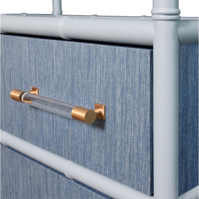 Blue Matthew Izzo Home Flynn Light Blue Grasscloth and Matte Lacquer Bamboo Profile Three Drawer Open Shelf Etagere With Acrylic and Brass Bar Handles For Sale - Image 8 of 10