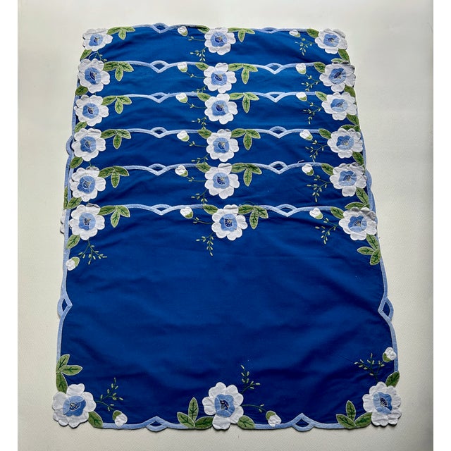 Mid 20th Century Set of 6 Madeira Blue Cotton Placemats & Embroidered White Florals For Sale - Image 15 of 15