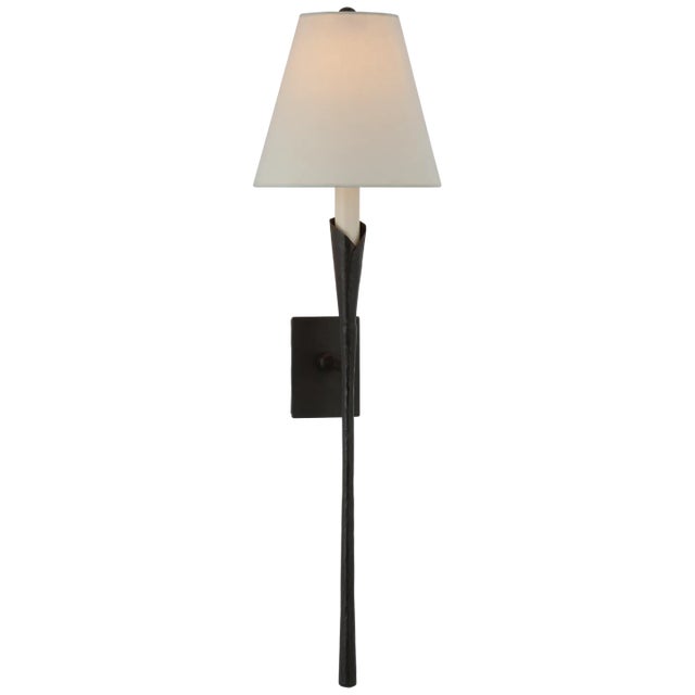 Chapman & Myers for Visual Comfort Signature Aiden Large Tail Sconce in Aged Iron with Linen Shade For Sale