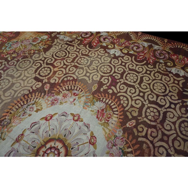 1830s Brown Medallion Antique French Charles X Period Aubusson Rug 14'8"x15' Flatweave Wool Carpet For Sale - Image 4 of 6