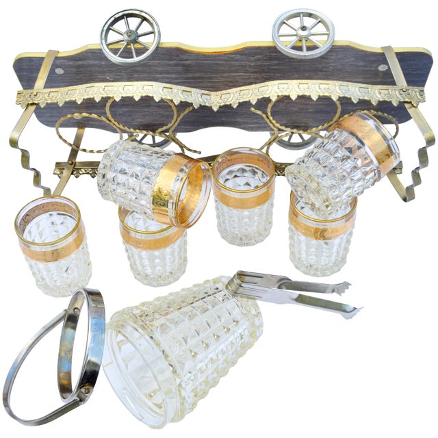 Wood Mid 20th Century Crystal Rocks Glasses & Ice Bucket Drink Set With Caddy- 9 Pieces For Sale - Image 7 of 7