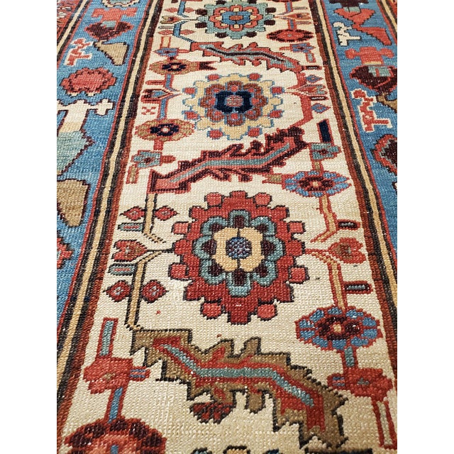 Antique Bakshaish Carpet, Oriental Persian Handmade in Ivory, Blue and Red For Sale - Image 10 of 18