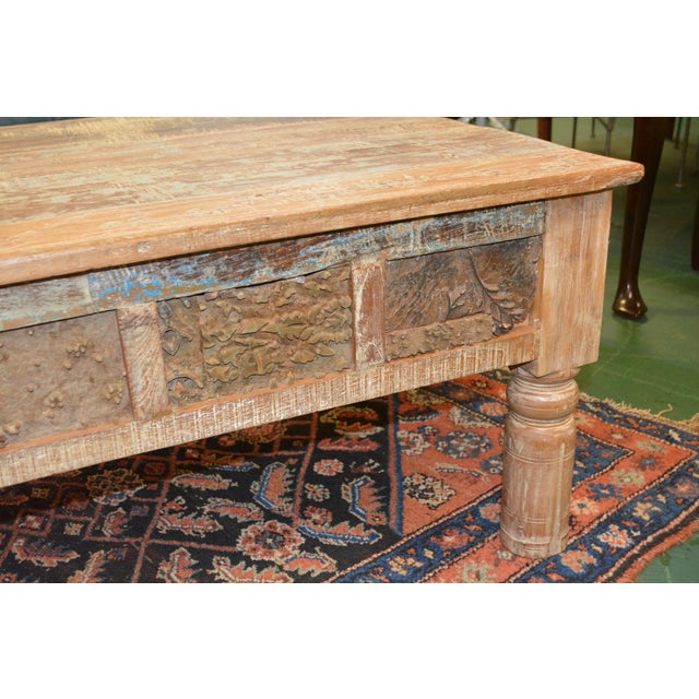 1980s Rustic Carved Panel Tan Wood Coffee Table W/ Aqua / Brown Bleached Indian For Sale - Image 4 of 16