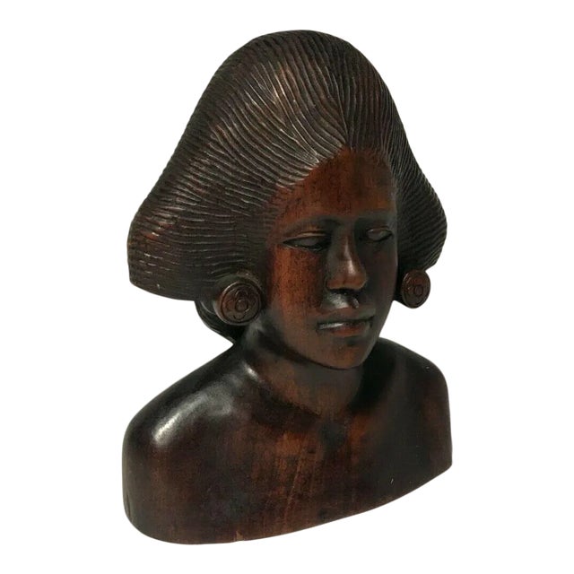 Vintage 1970s Hand Carved Wooden Woman Figurine Bust Balinese From Bali, Indonesia For Sale