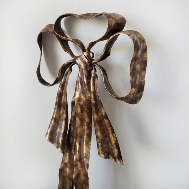 Metal LaBarge Italian Patinated Tole Wreath Bow Metal Wall Mirror For Sale - Image 7 of 10