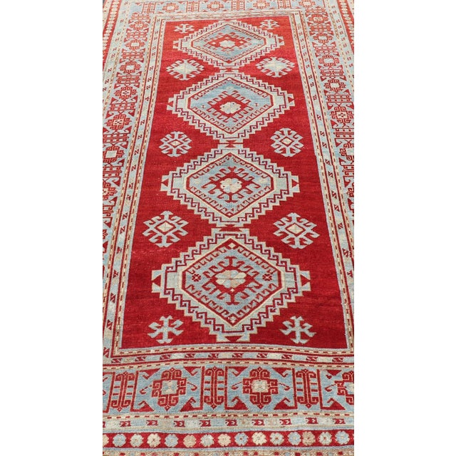 Textile Antique Caucasian Kazak Gallery Rug in Brilliant Red With Geometric Design 5'0 X 11'0 For Sale - Image 7 of 12
