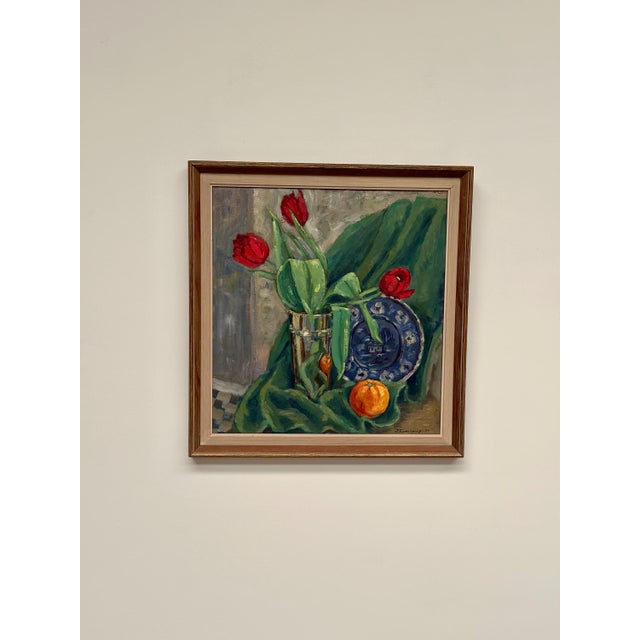 J. Essen Loarp, Still Life with Tulips, 1957, Oil on Panel, Framed For Sale - Image 4 of 15