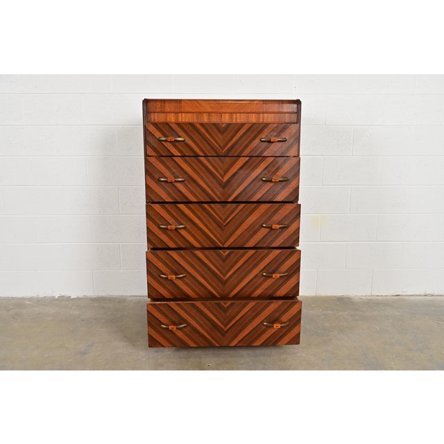 1930s Donald Deskey Style Antique Art Deco Inlaid Walnut Waterfall Highboy Dresser or Chest of Drawers, Circa 1930s For Sale - Image 5 of 12
