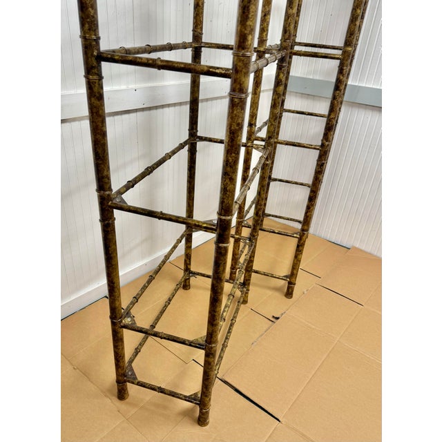 Stunning Pair of Vintage Mid-Century Tole Faux Bamboo Bookcase Etergeres in a Faux Tortoise Shell Finish - Newly Painted For Sale - Image 10 of 12