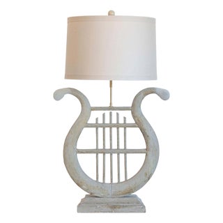 19th Century French Gustavian Lyre Table Lamp in Distressed Wood with Shade For Sale