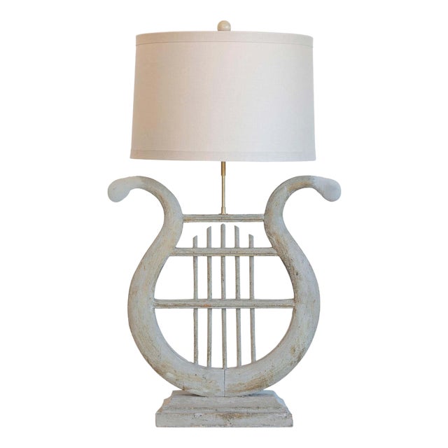 19th Century French Gustavian Lyre Table Lamp in Distressed Wood with Shade For Sale