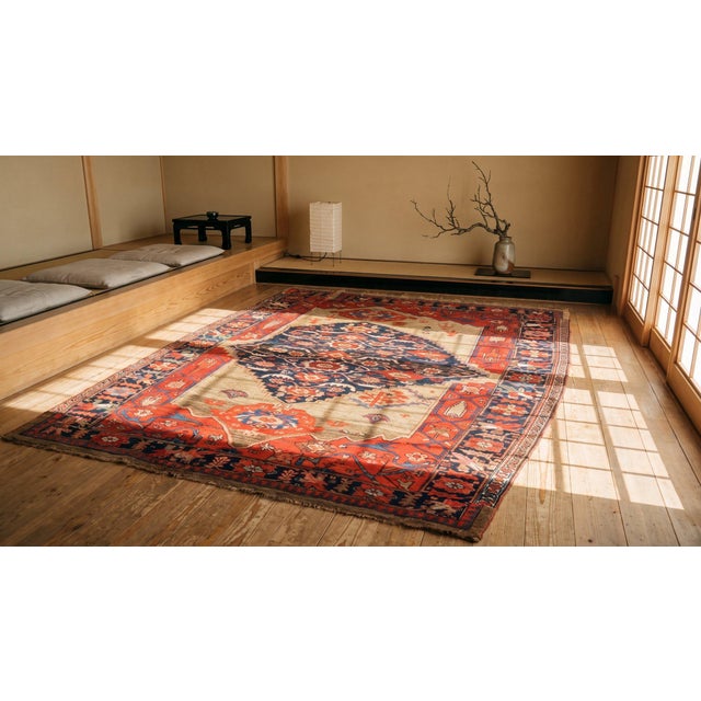 Textile 1900s Tan Camel Medallion Antique W. Persian Bijar Sampler Rug 4'6" X 6'9" Handknotted Wool Carpet For Sale - Image 7 of 9