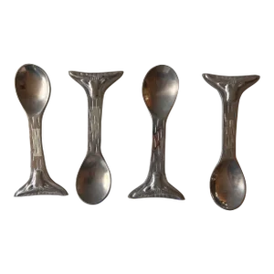 Set of 4 Large Pewter Spoons With Longhorn Handles.