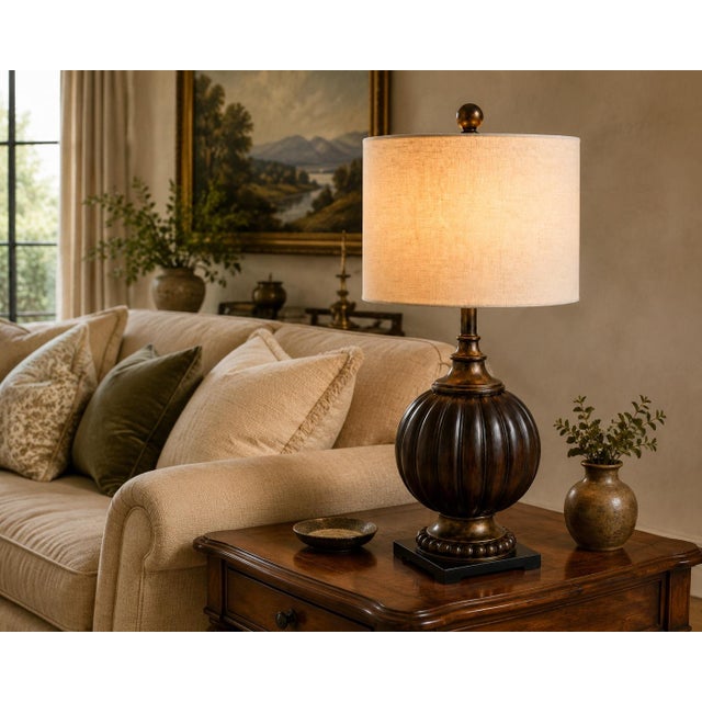LARGE VINTAGE FLUTED MELON-FORM TABLE LAMP WITH IVORY LINEN DRUM SHADE Commanding in scale and beautifully sculptural,...