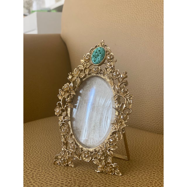 Gold Vintage Gold & Jade Gemstone Oval Picture Frame For Sale - Image 8 of 9