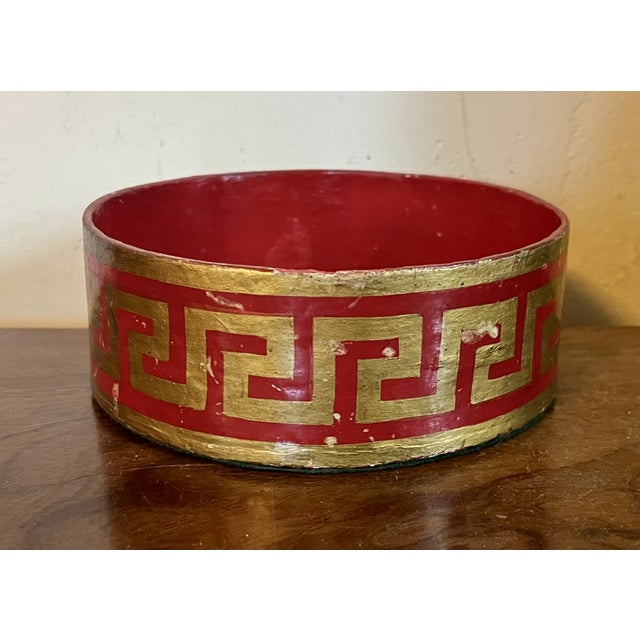 Antique Early 19th Century English Regency Red Lacquer Wine Bottle Decanter Coaster With Gilt Greek Key Design For Sale - Image 4 of 10