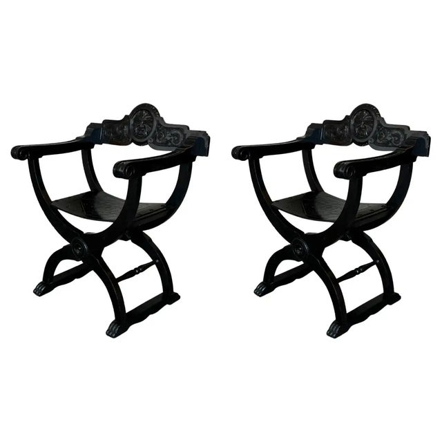 19th Century Pair of Carved Walnut Tooled Leather Savonarola Bench or Settee For Sale - Image 9 of 9