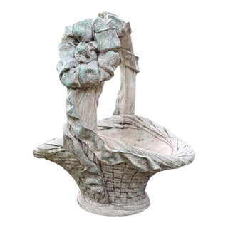 Vintage Cast-Stone Basket Planter With Sculpted Bow — Signed Studio Piece For Sale