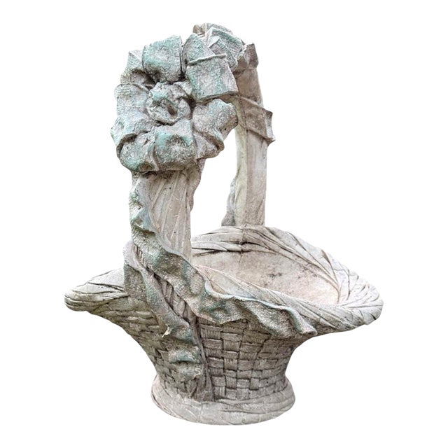 Vintage Cast-Stone Basket Planter With Sculpted Bow — Signed Studio Piece For Sale