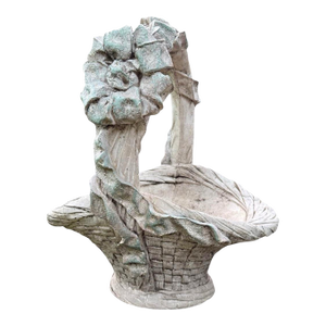 Vintage Cast-Stone Basket Planter With Sculpted Bow — Signed Studio Piece