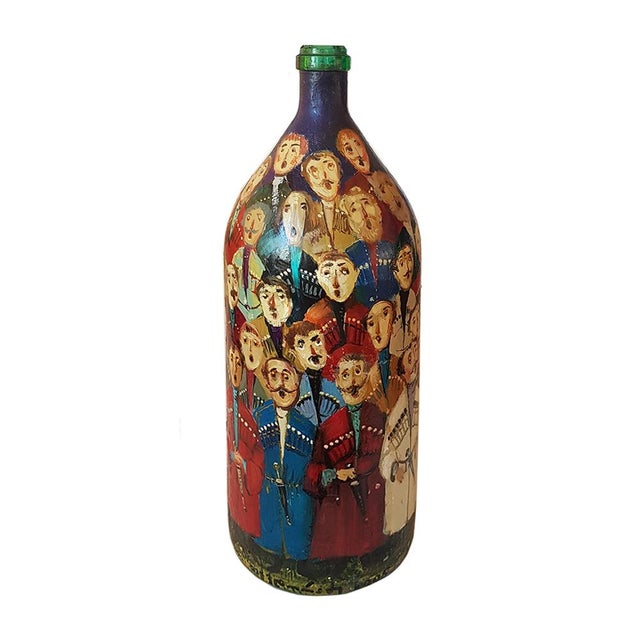 2000 - 2009 Large Hand-Painted Georgian Cossack Choir Folk Art Bottle on Soviet Glass Base, 2005 For Sale - Image 5 of 9